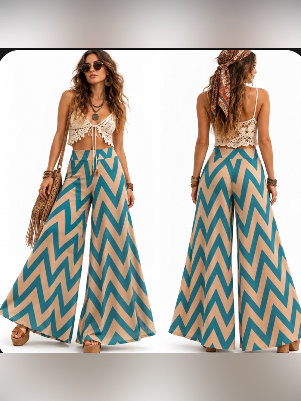 LOILA Teal & Cream Chevron Wide-Leg Palazzo 70’s  Retro Hippie Boho Pants Large
